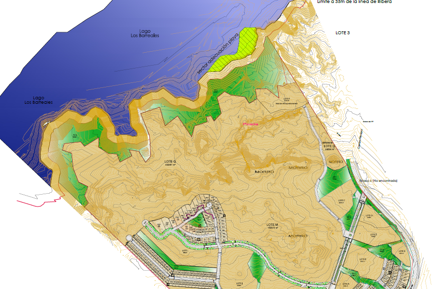 Plano topográfico con curvas de nivel y loteo