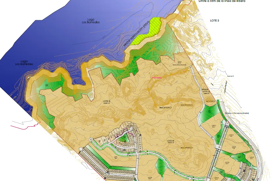 Plano topográfico con curvas de nivel y loteo